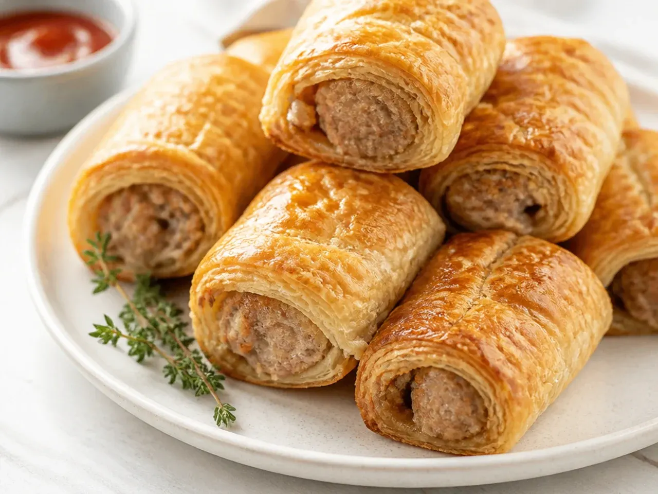 Golden flaky puff pastry sausage rolls, the sausage rolls side of the pigs in a blanket comparison