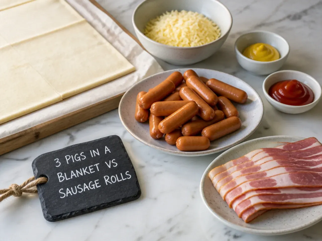 Cocktail sausages, bacon and puff pastry ingredients laid out for a pigs in a blanket vs sausage rolls cost comparison