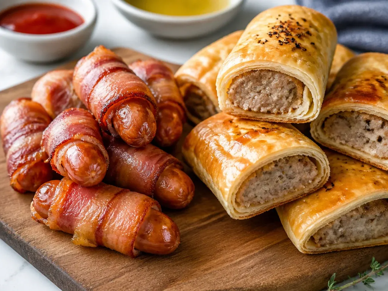 Close-up of crispy bacon pigs in a blanket beside flaky sausage rolls showing taste and texture differences