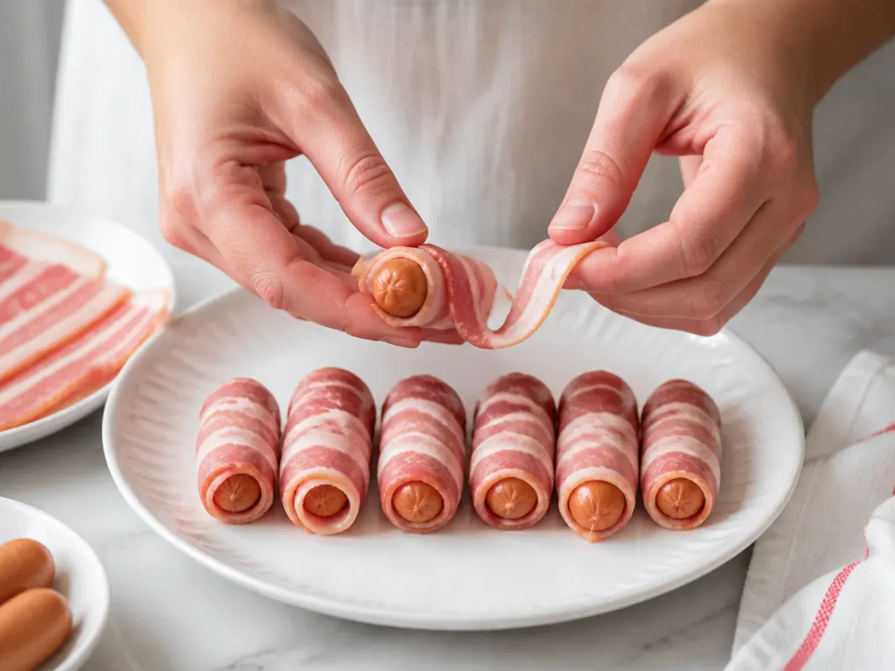 Hands wrapping bacon around sausages to show the quicker prep time of pigs in a blanket versus sausage rolls