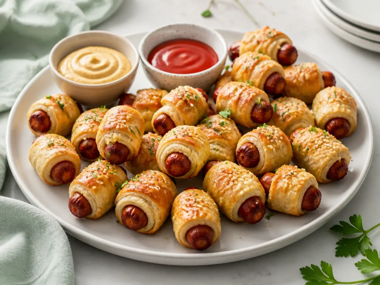 Party platter of pigs in a blanket with dips, showing the best choice by situation in the sausage rolls comparison