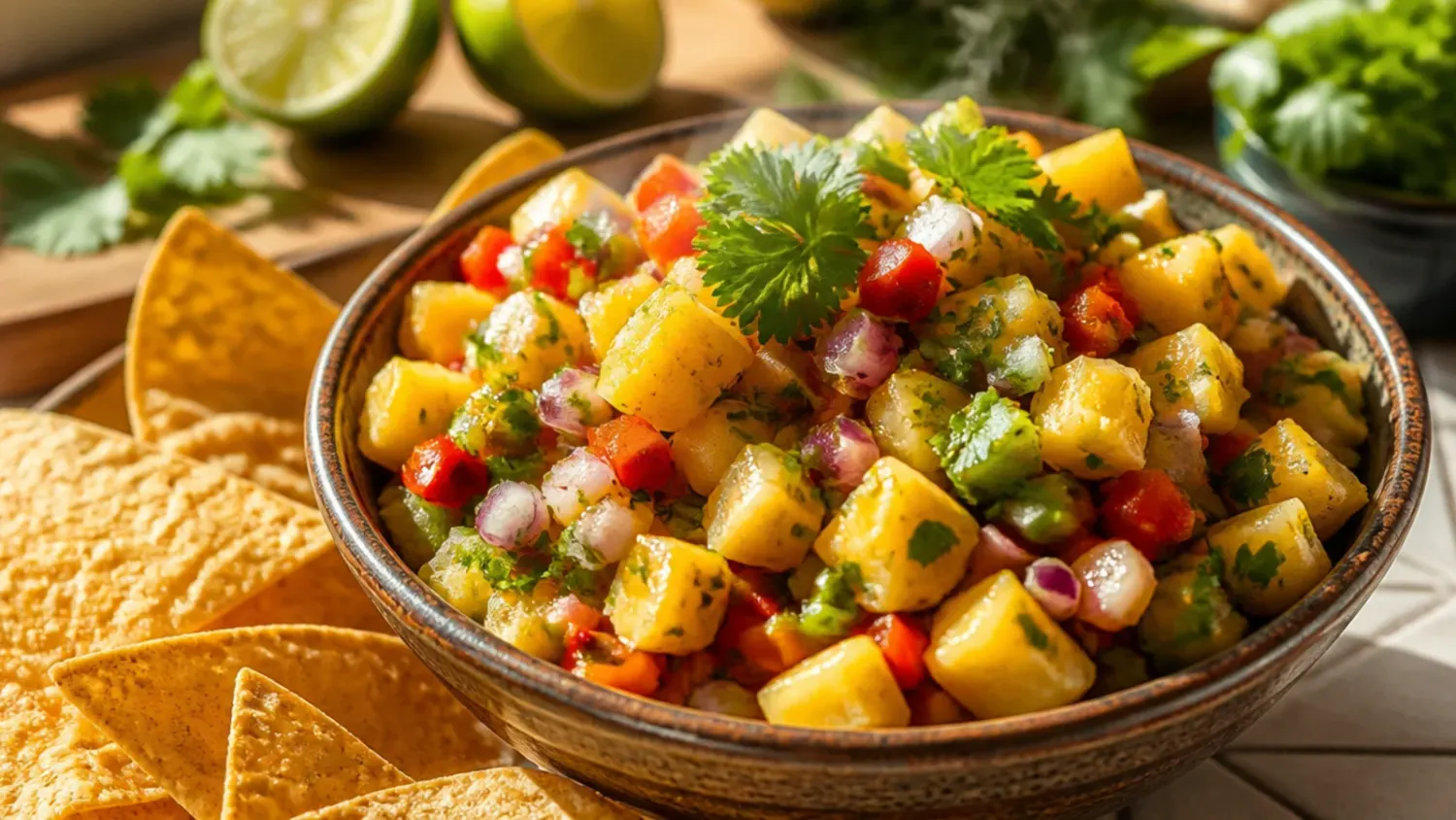 Bowl of fresh pineapple salsa with diced red pepper, red onion and coriander, served with tortilla chips