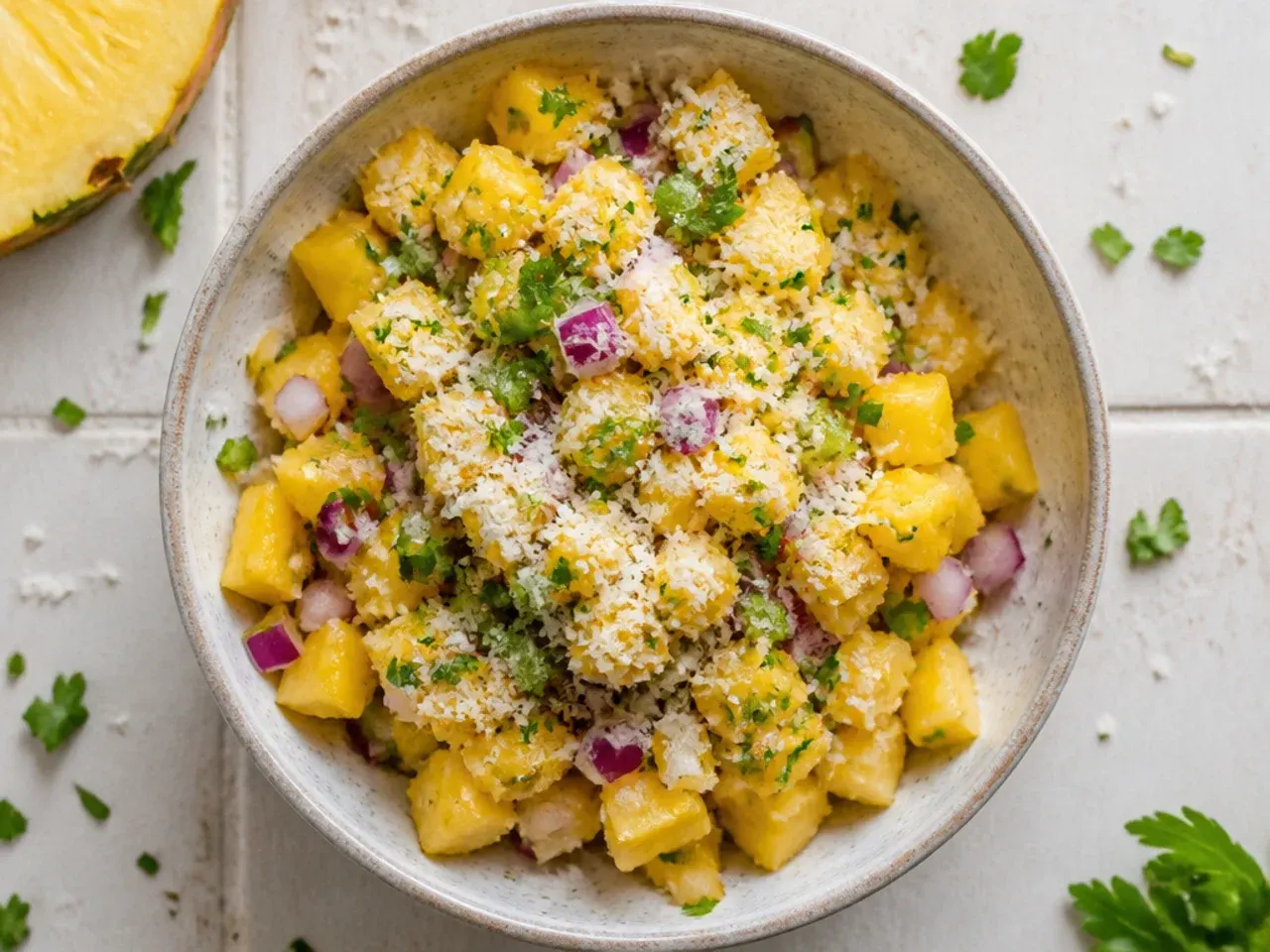 Diced pineapple draining in a mesh sieve set over a glass bowl