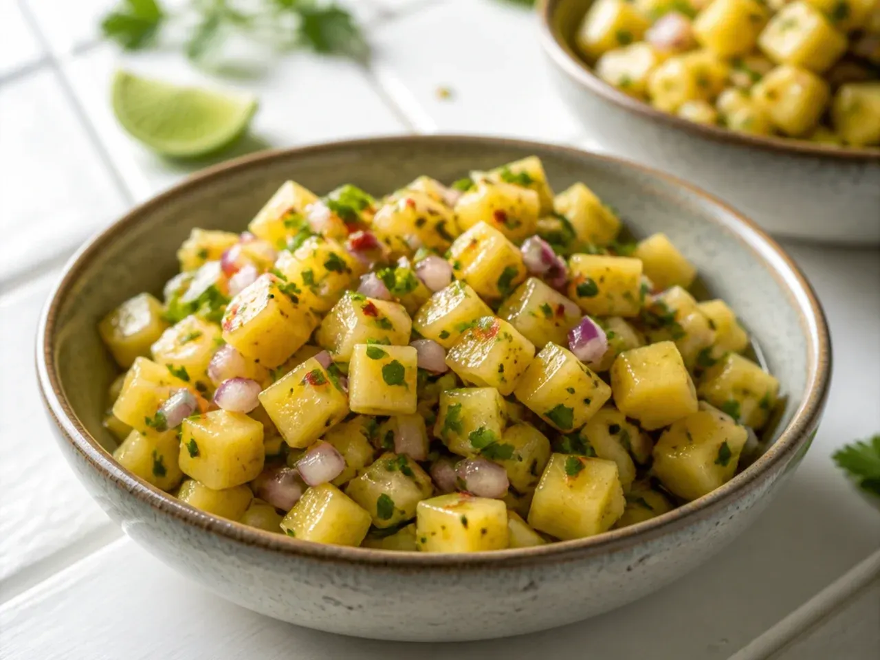 Evenly diced pineapple, red pepper and red onion pieces of matching size on a cutting board