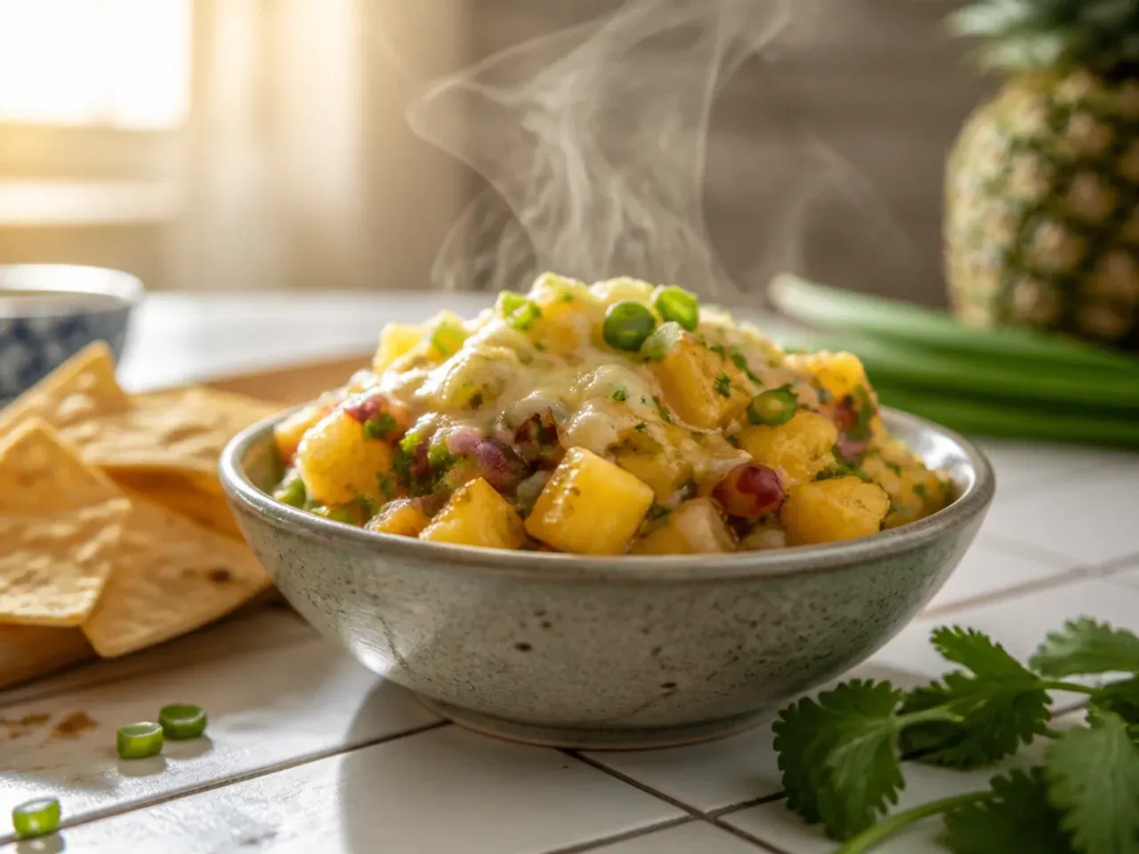Bowl of pineapple salsa covered with cling film chilling in the fridge