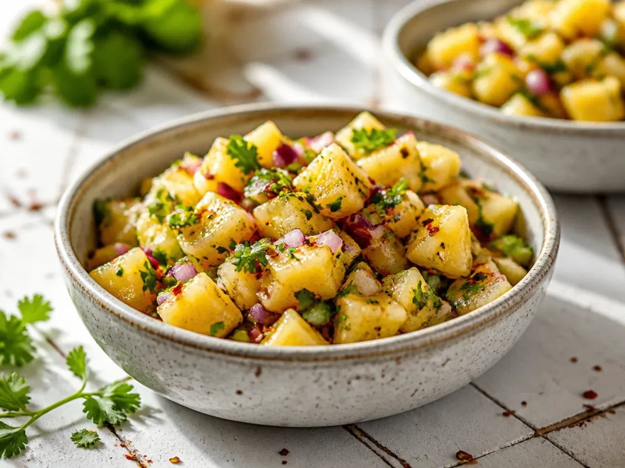 Pinch of sea salt being added to a bowl of pineapple salsa