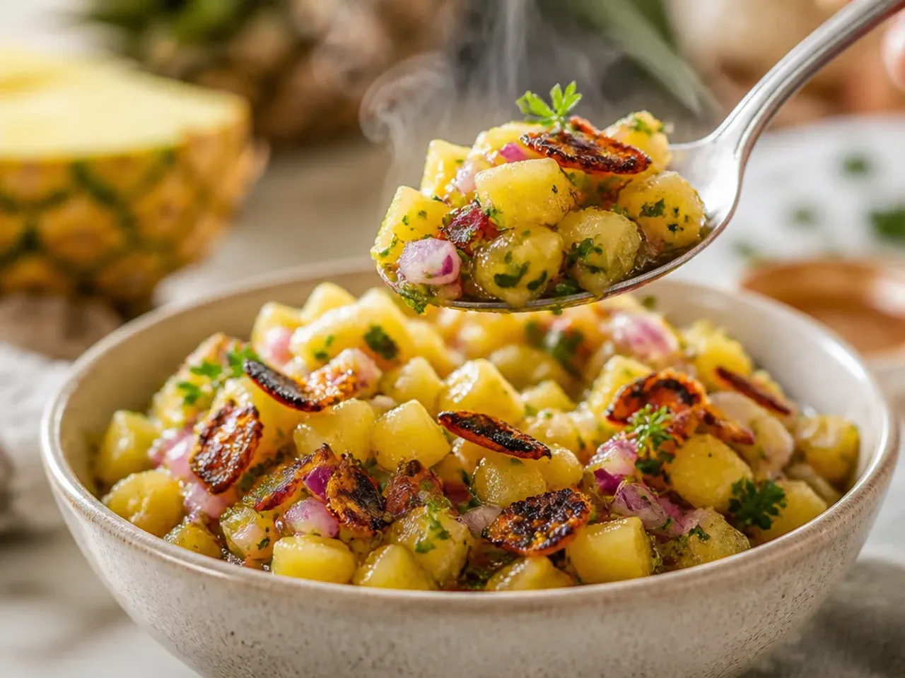 Person tasting a small piece of raw pineapple before dicing the rest