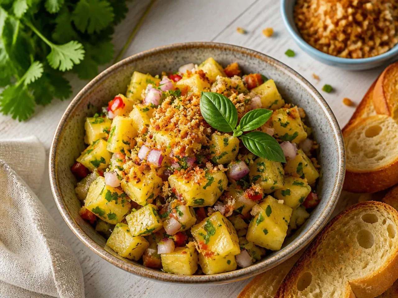 Bowl of mild pineapple salsa with a small side dish of extra diced jalapeño
