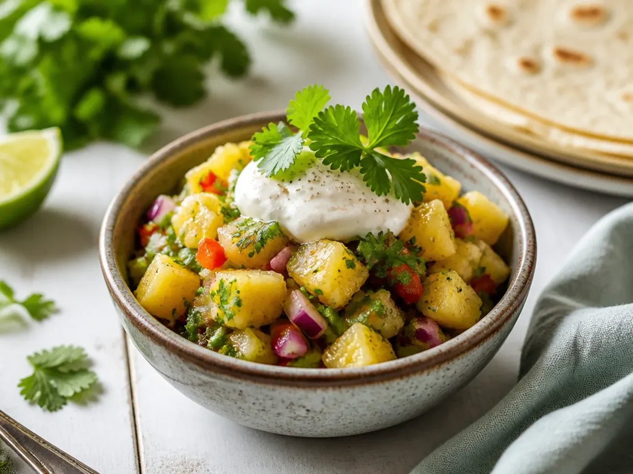 Slotted spoon lifting pineapple salsa onto a piece of grilled fish