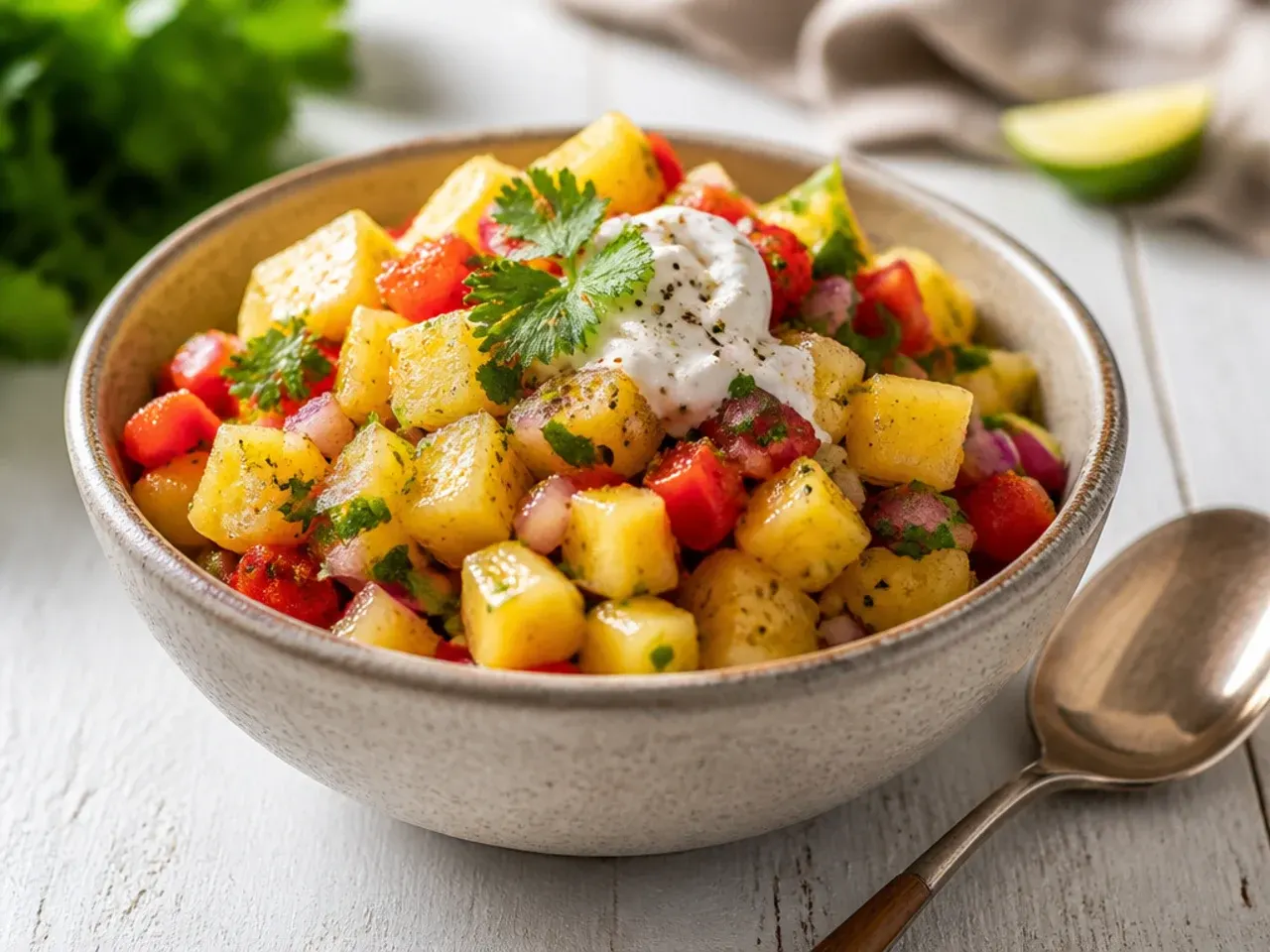 Pineapple salsa stored in a clear glass airtight container in the fridge