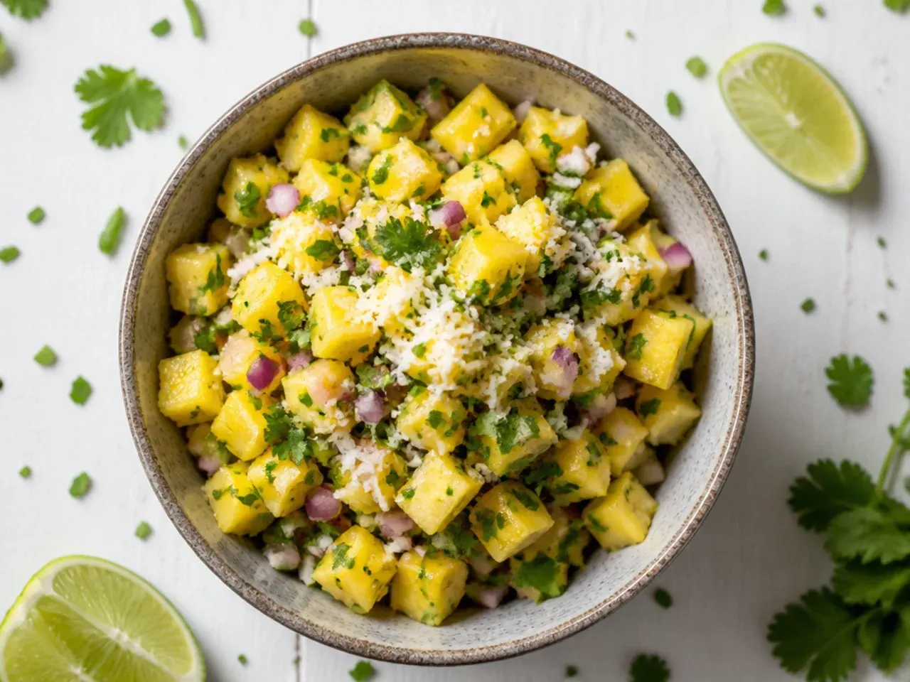 Clock next to a bowl of freshly mixed pineapple salsa about to go into the fridge