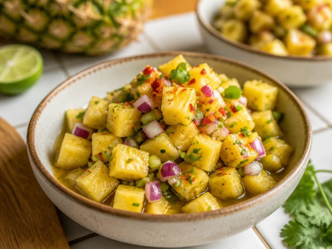 Small spoon of honey being added to pineapple salsa, with a jar of honey nearby