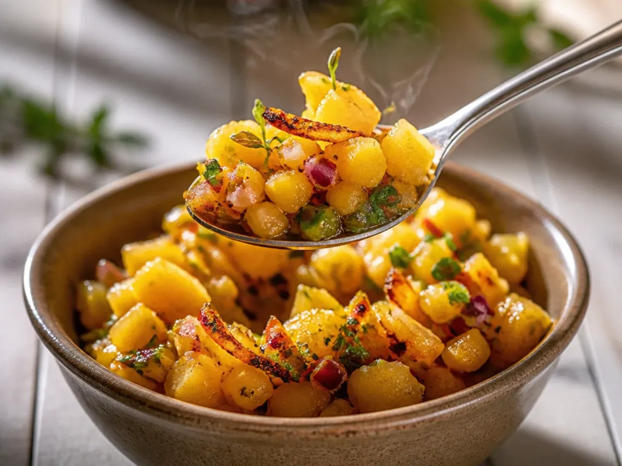 Large bowl of doubled pineapple salsa recipe being mixed for a party