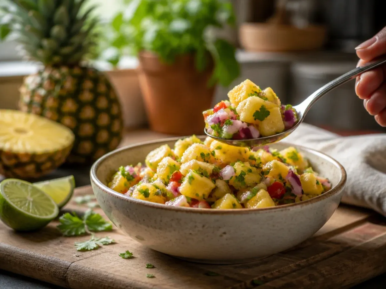 Finished bowl of pineapple salsa served with tortilla chips on a table