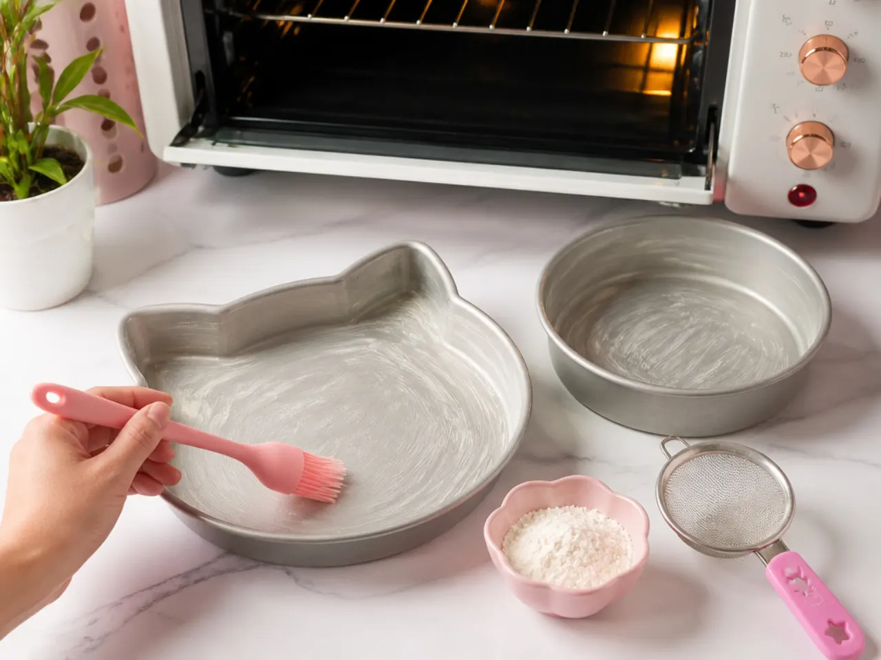 pink hello kitty cake — step 1: prep the pans and oven