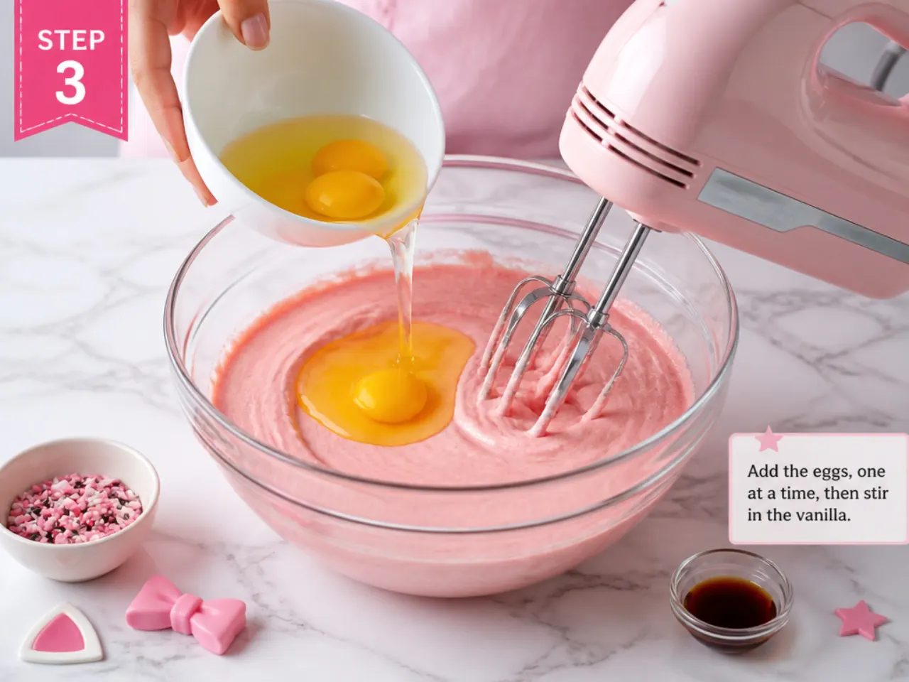pink hello kitty cake — step 3: add eggs and vanilla