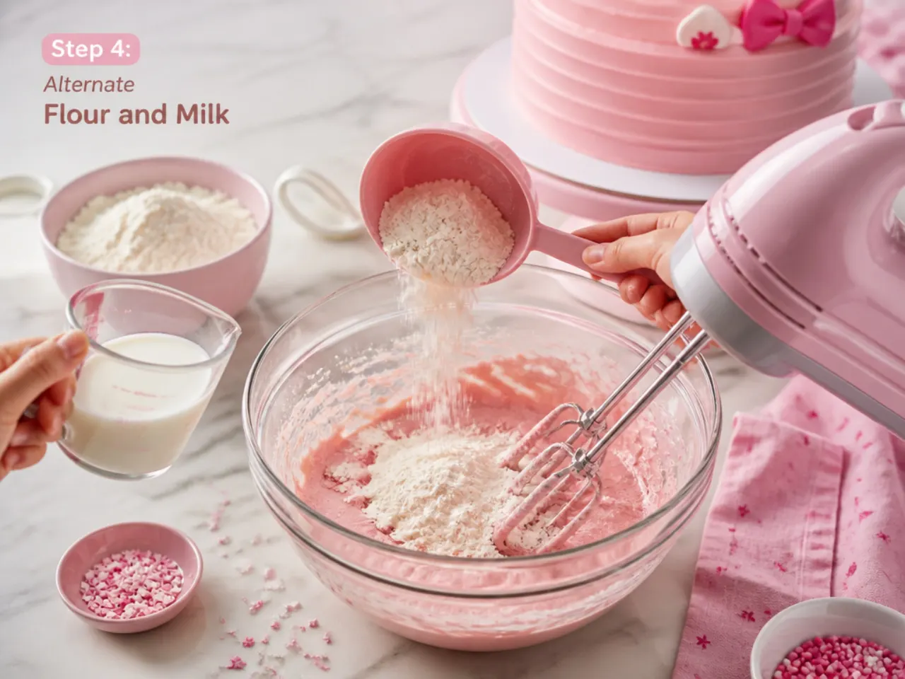 pink hello kitty cake — step 4: alternate flour and milk
