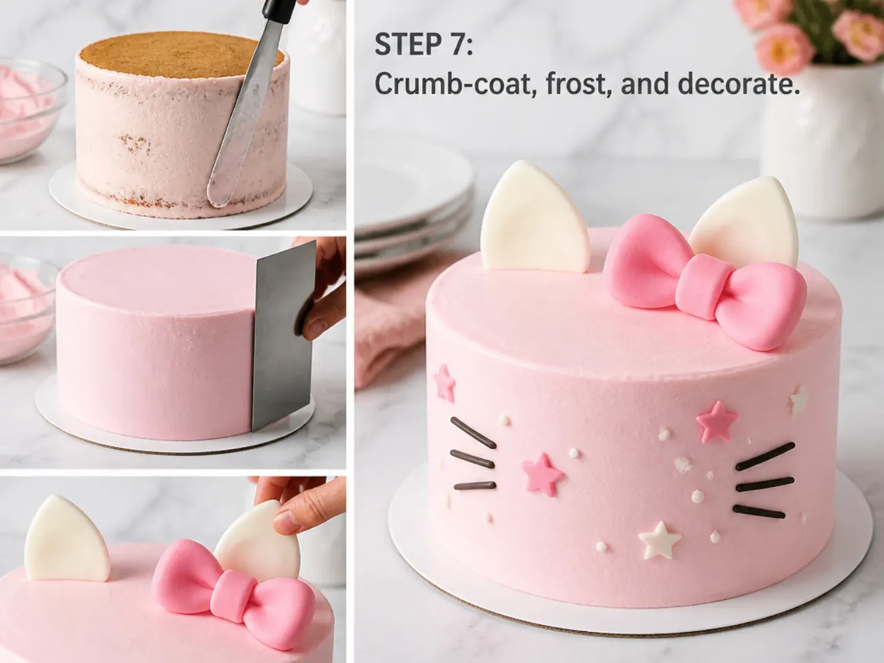 pink hello kitty cake — step 7: crumb-coat, frost, and decorate