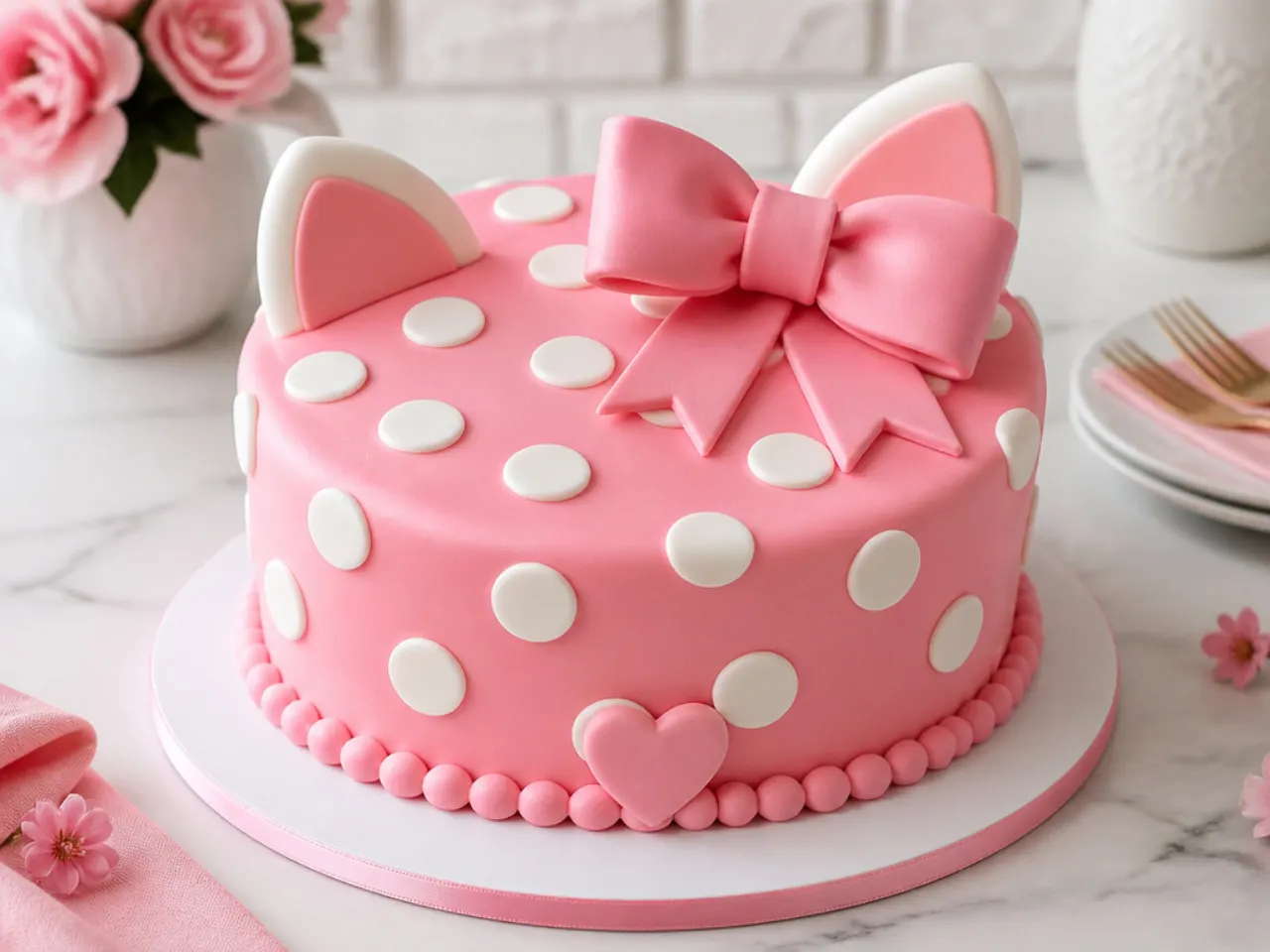 Classic pink Hello Kitty cake with fondant bow and white polka dots