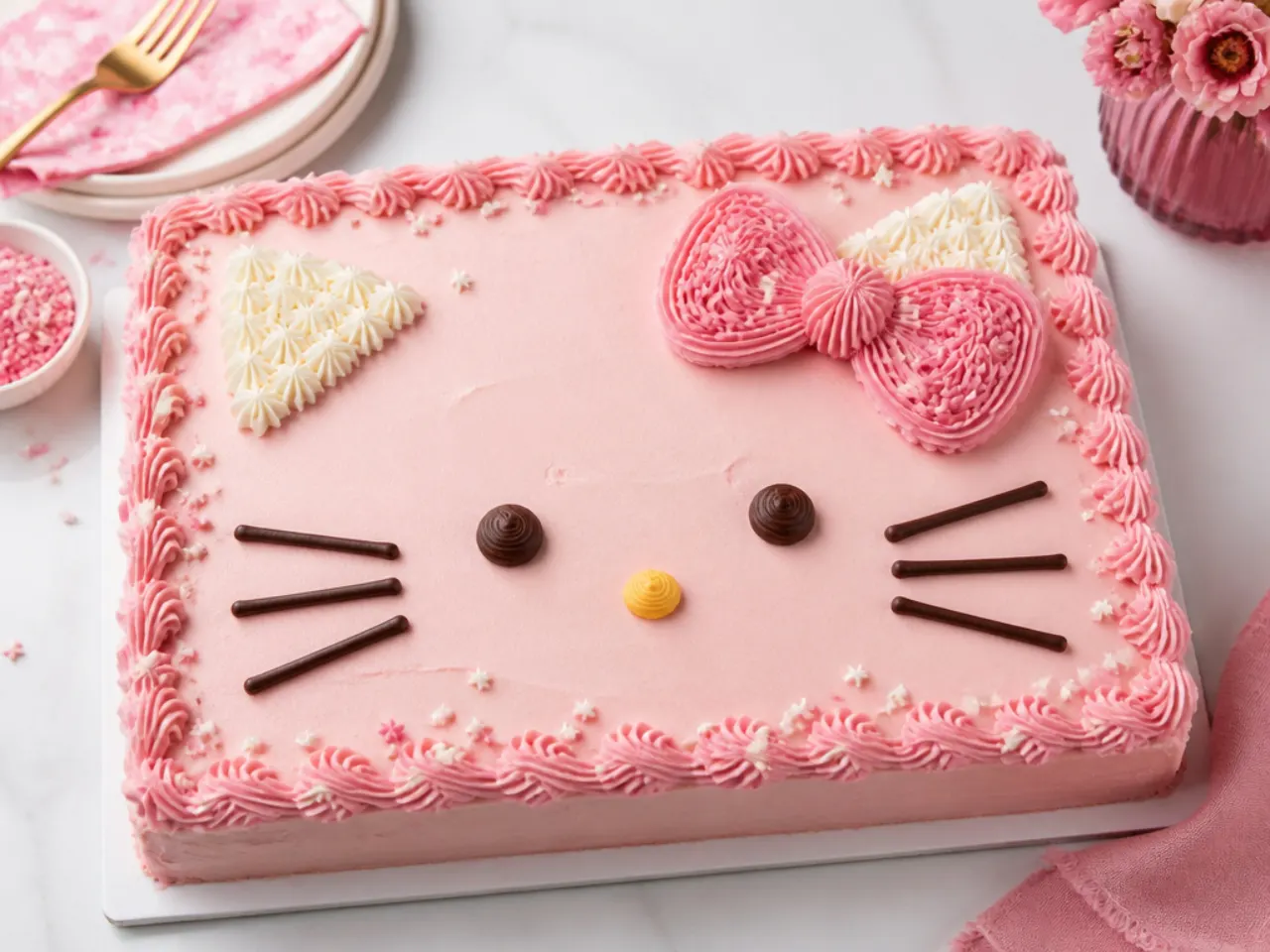 Easy pink Hello Kitty sheet cake with a piped buttercream bow