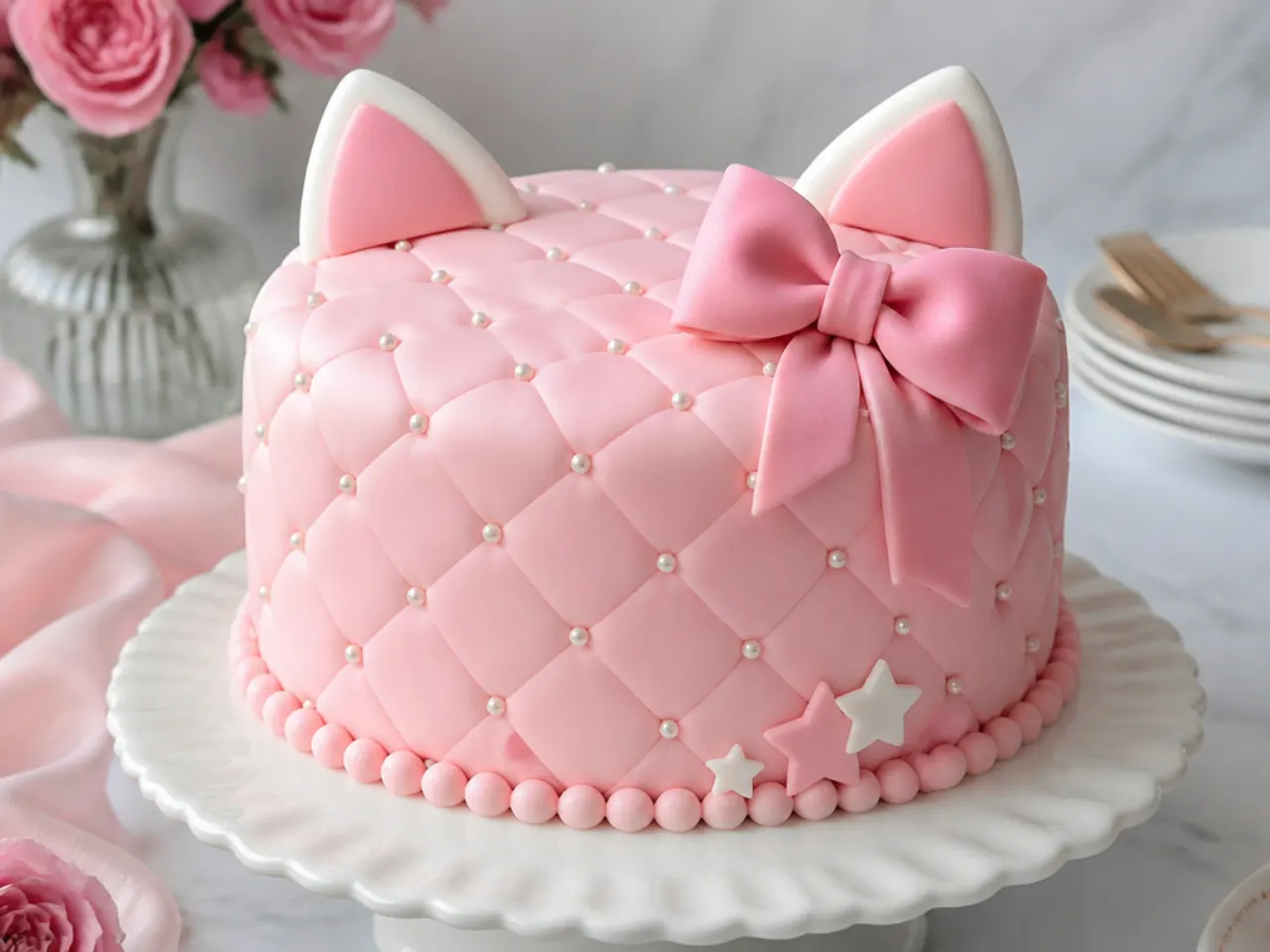 Elegant quilted pink Hello Kitty cake with edible pearls and a bow