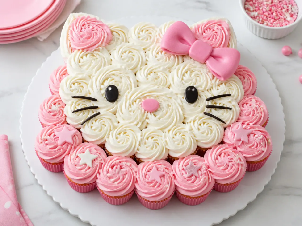 Playful pink Hello Kitty pull-apart cupcake cake for a party