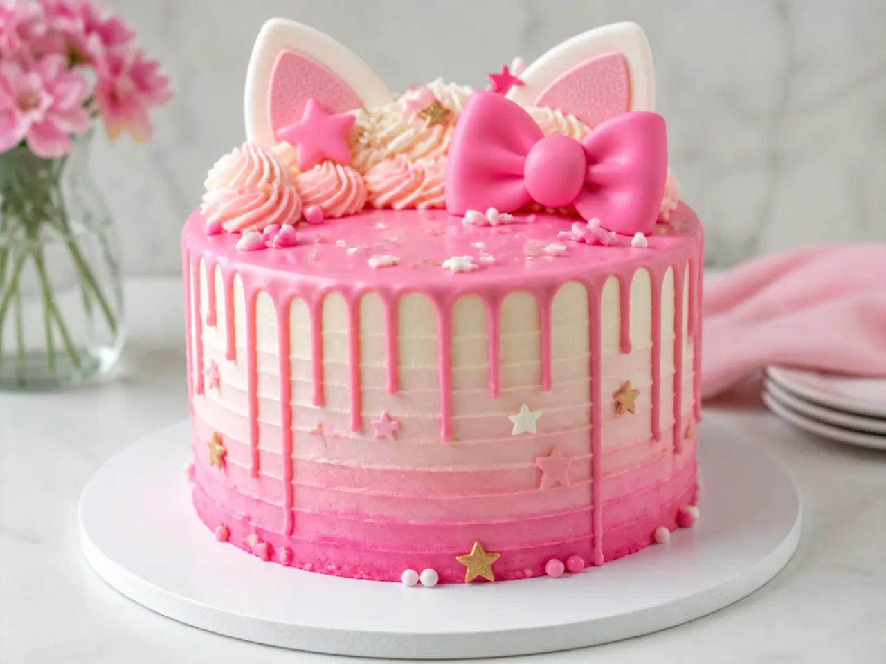 Modern pink ombre Hello Kitty drip cake with glossy pink drips