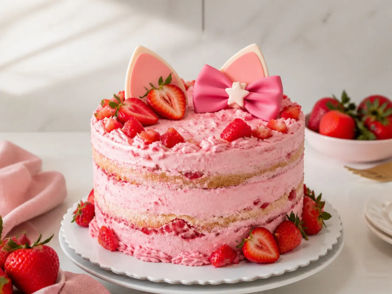 Rustic semi-naked pink Hello Kitty strawberry cake with fresh berries