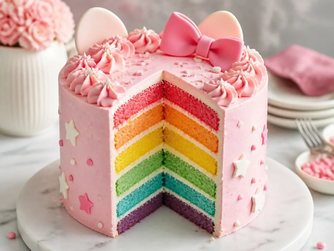 Colorful pastel rainbow inside a pink Hello Kitty layer cake