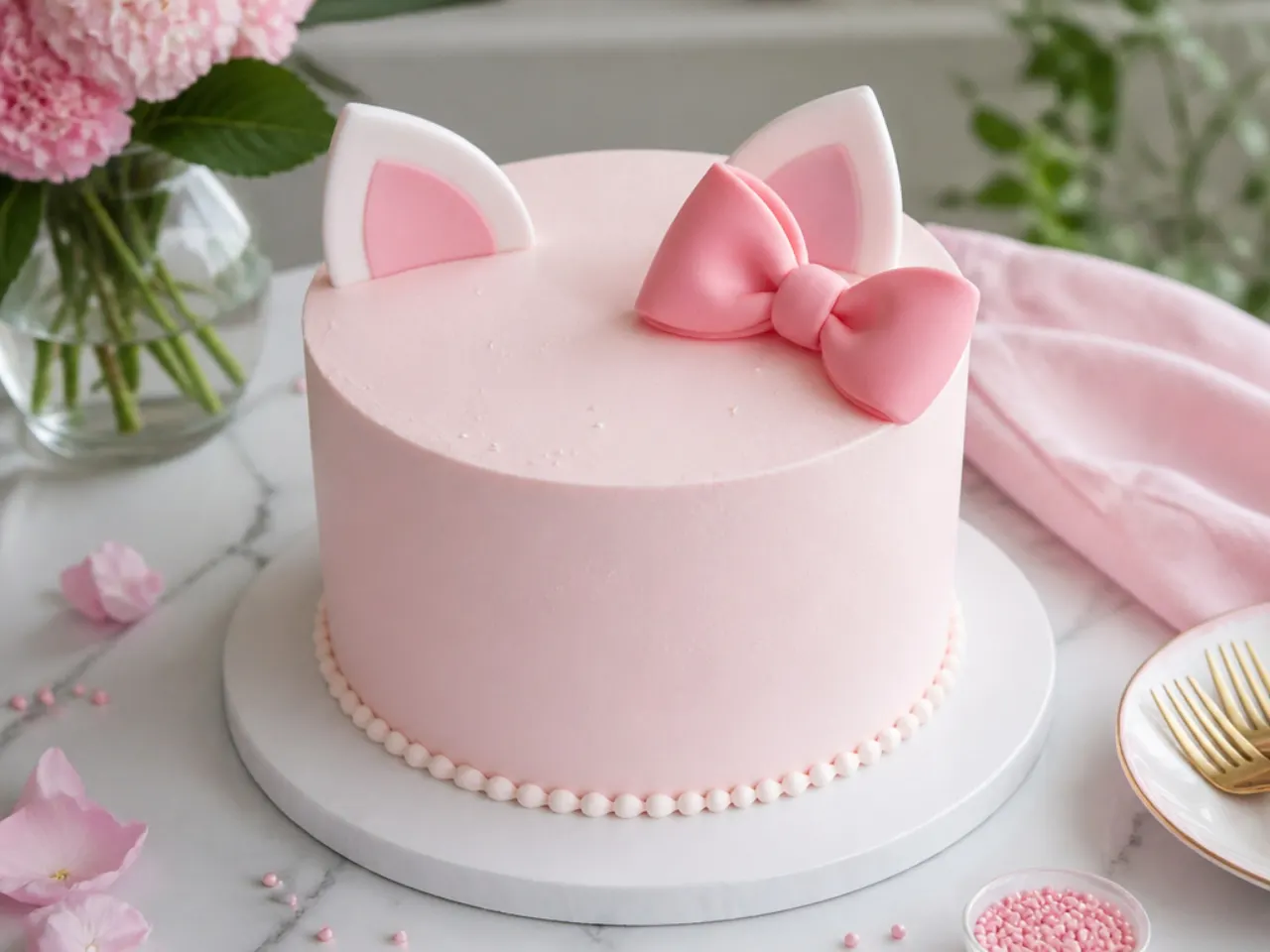 Minimal blush pink Hello Kitty cake with a single fondant bow