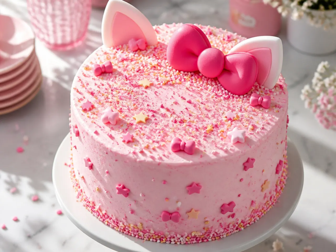 Festive pink Hello Kitty confetti birthday cake with sprinkles