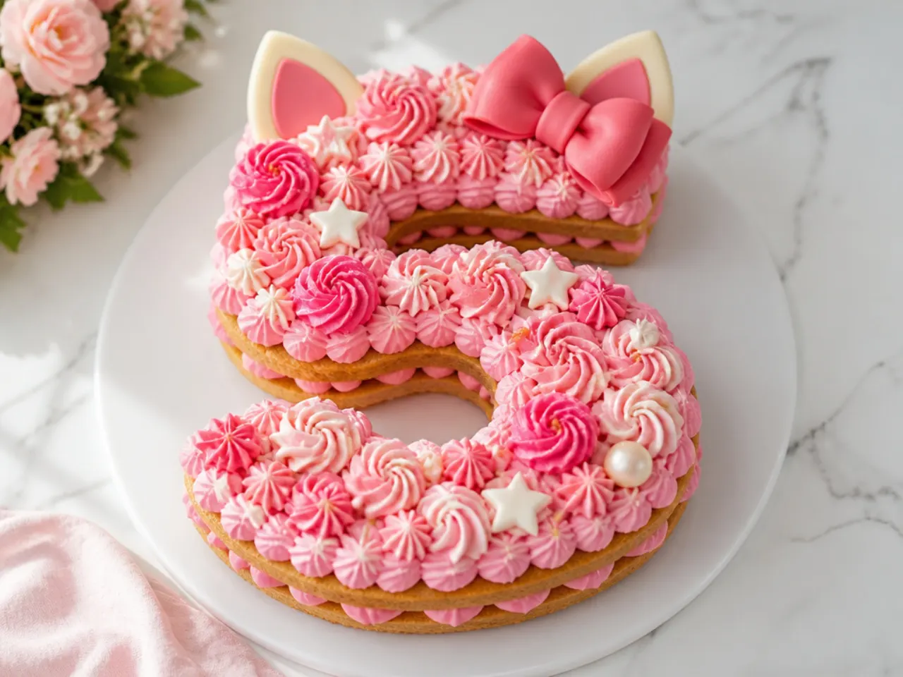 Whimsical pink Hello Kitty number cake with ear accents and a bow