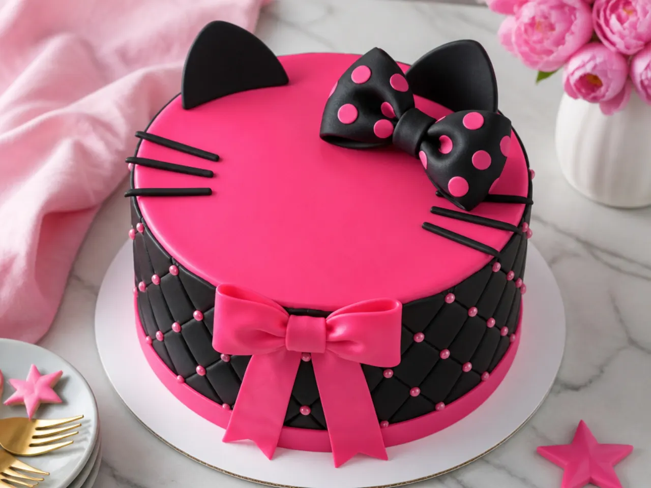 Bold hot-pink and black contrast Hello Kitty cake with polka-dot bow