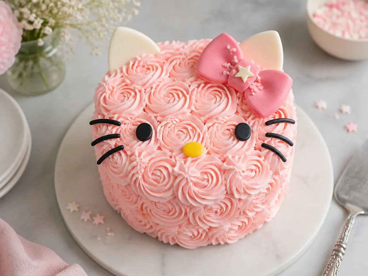 Delicate pink buttercream rosette Hello Kitty cake with a bow