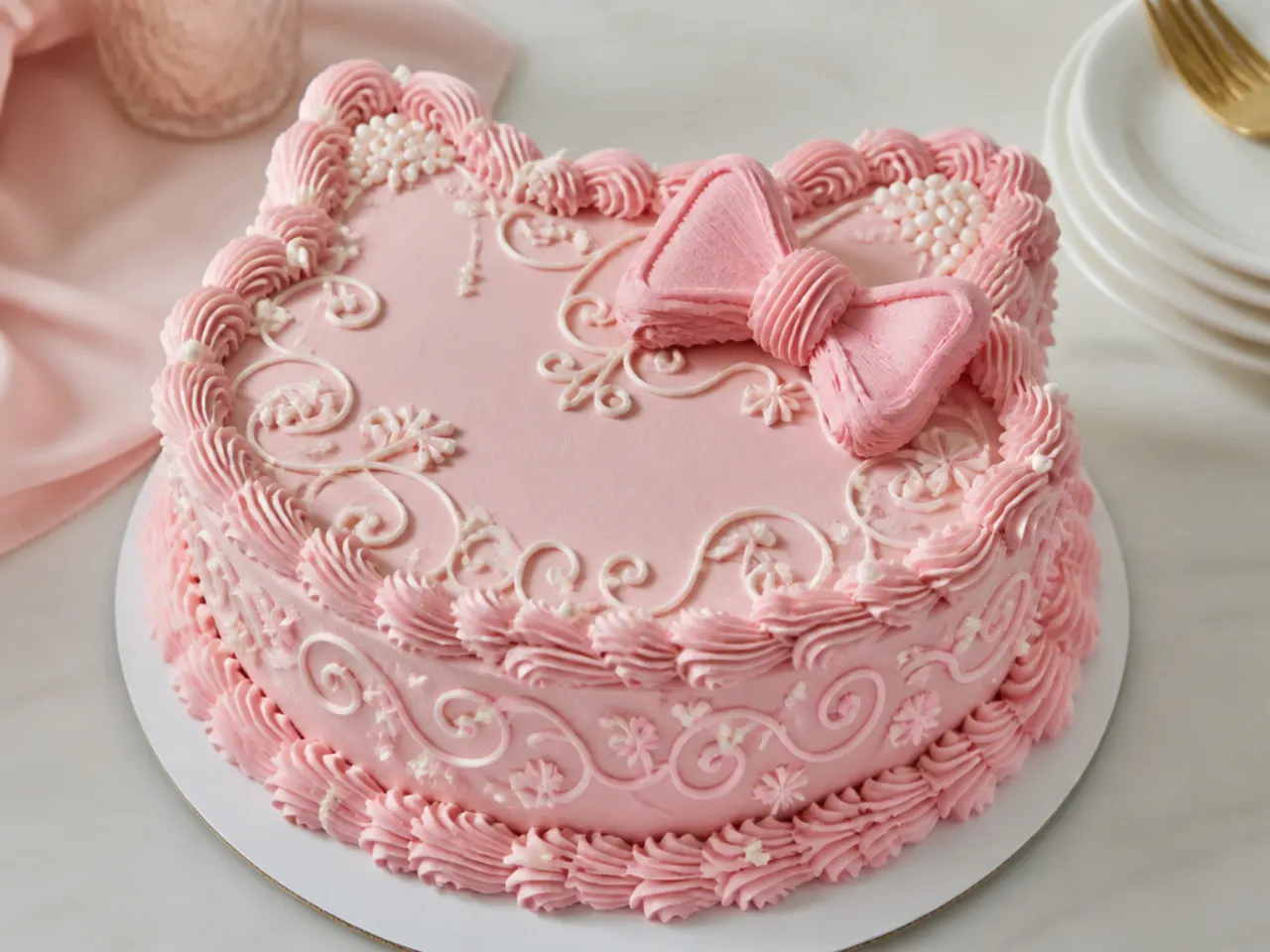 Vintage Lambeth-piped pink Hello Kitty cake with scrollwork and pearls