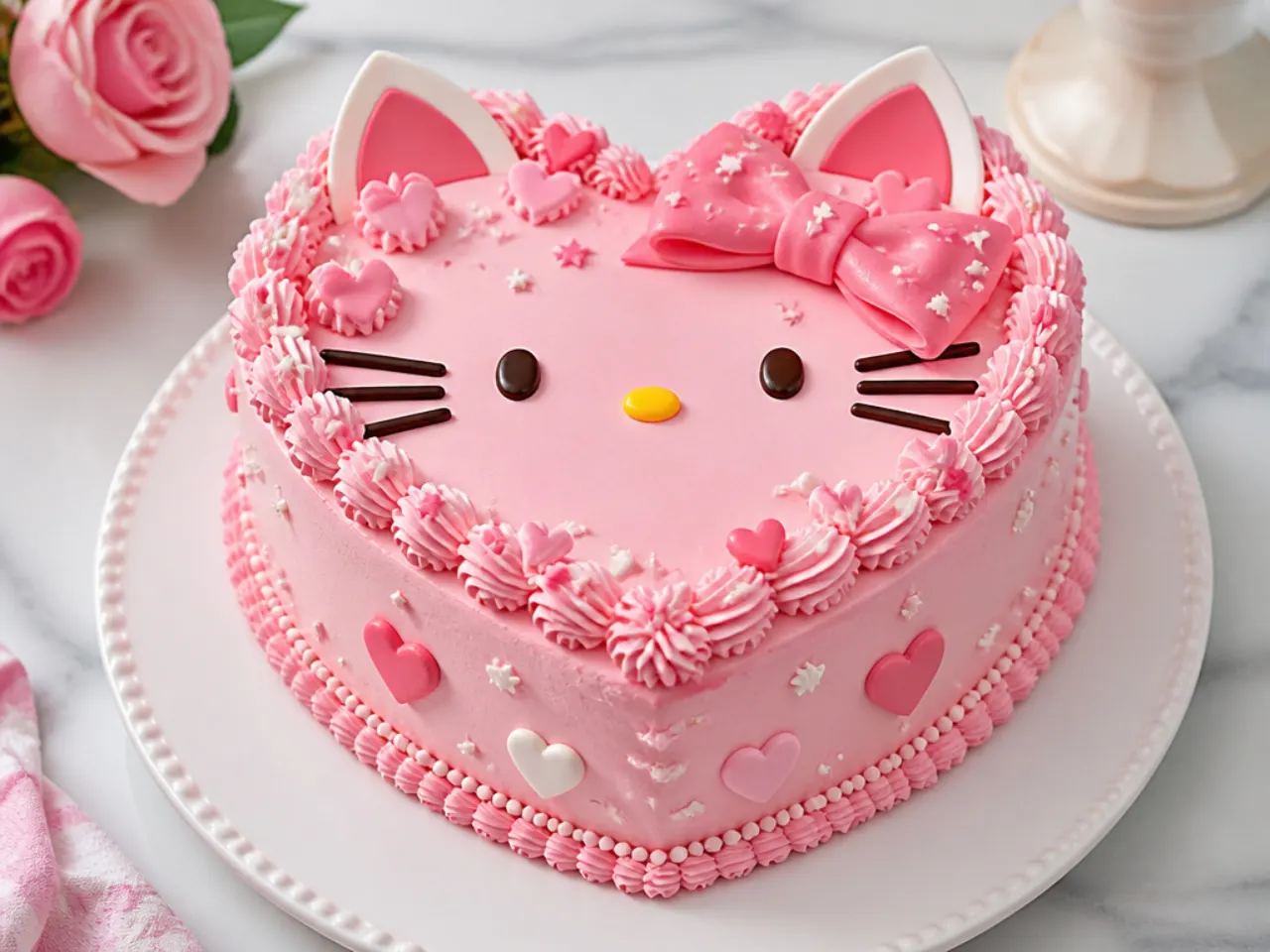 Charming heart-shaped pink Hello Kitty cake with a bow and hearts