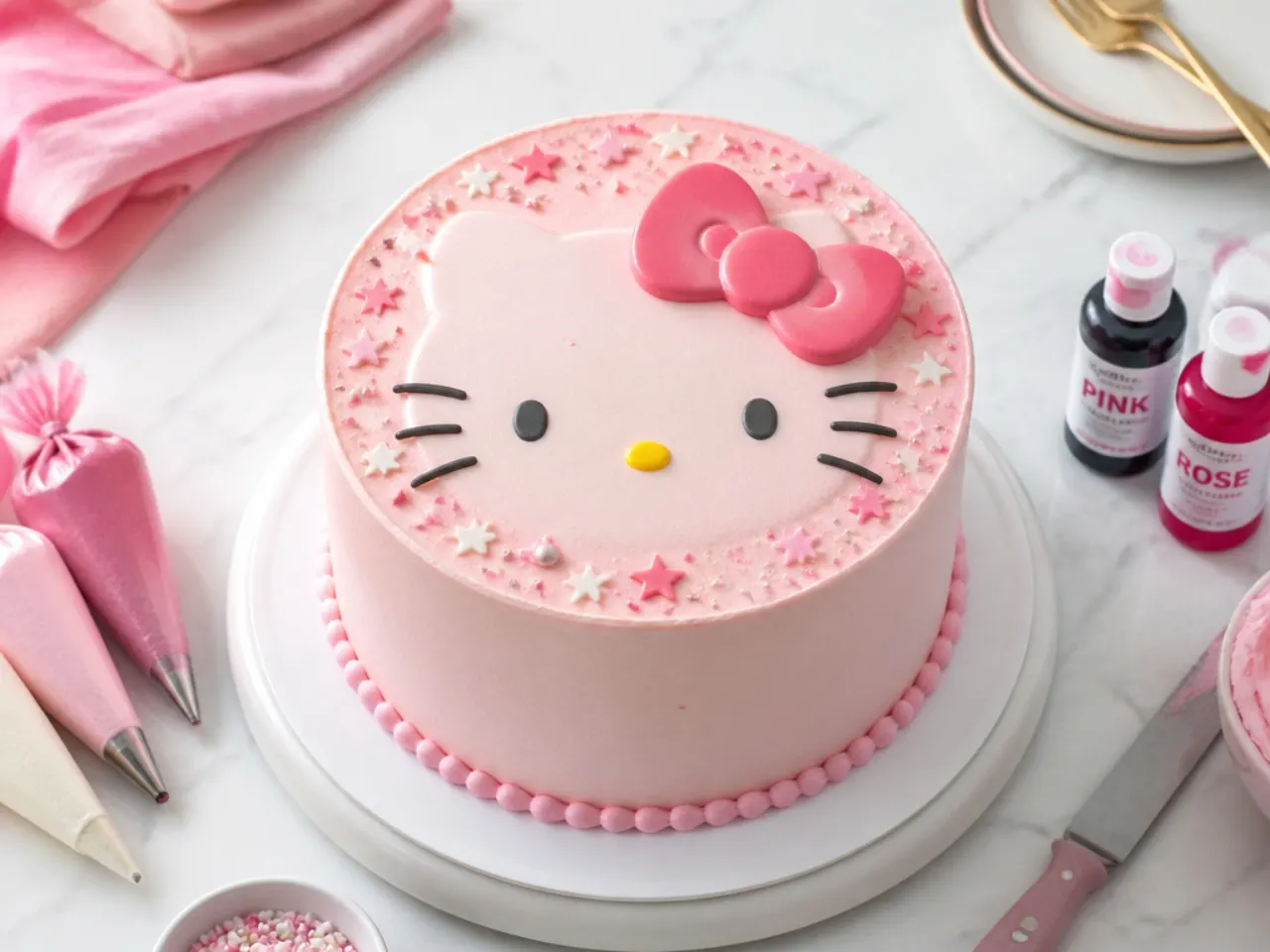 Pink Hello Kitty cake decorating tips with piping bags and gel colors