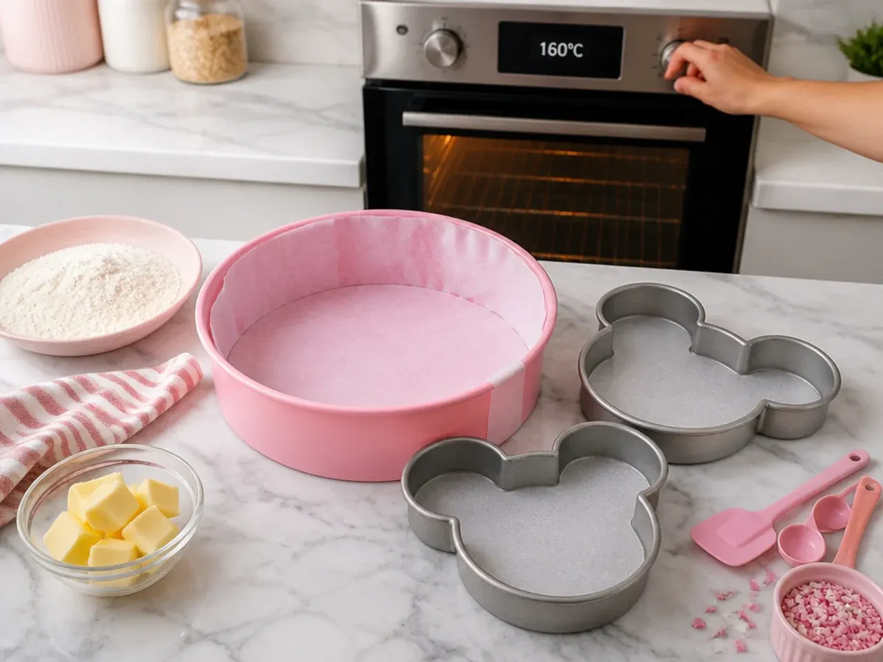 pink minnie mouse cake — step 1: prep the tins and oven