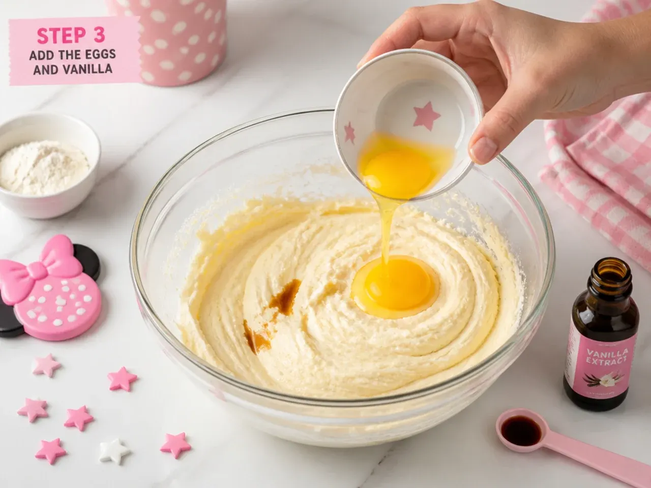 pink minnie mouse cake — step 3: add the eggs and vanilla