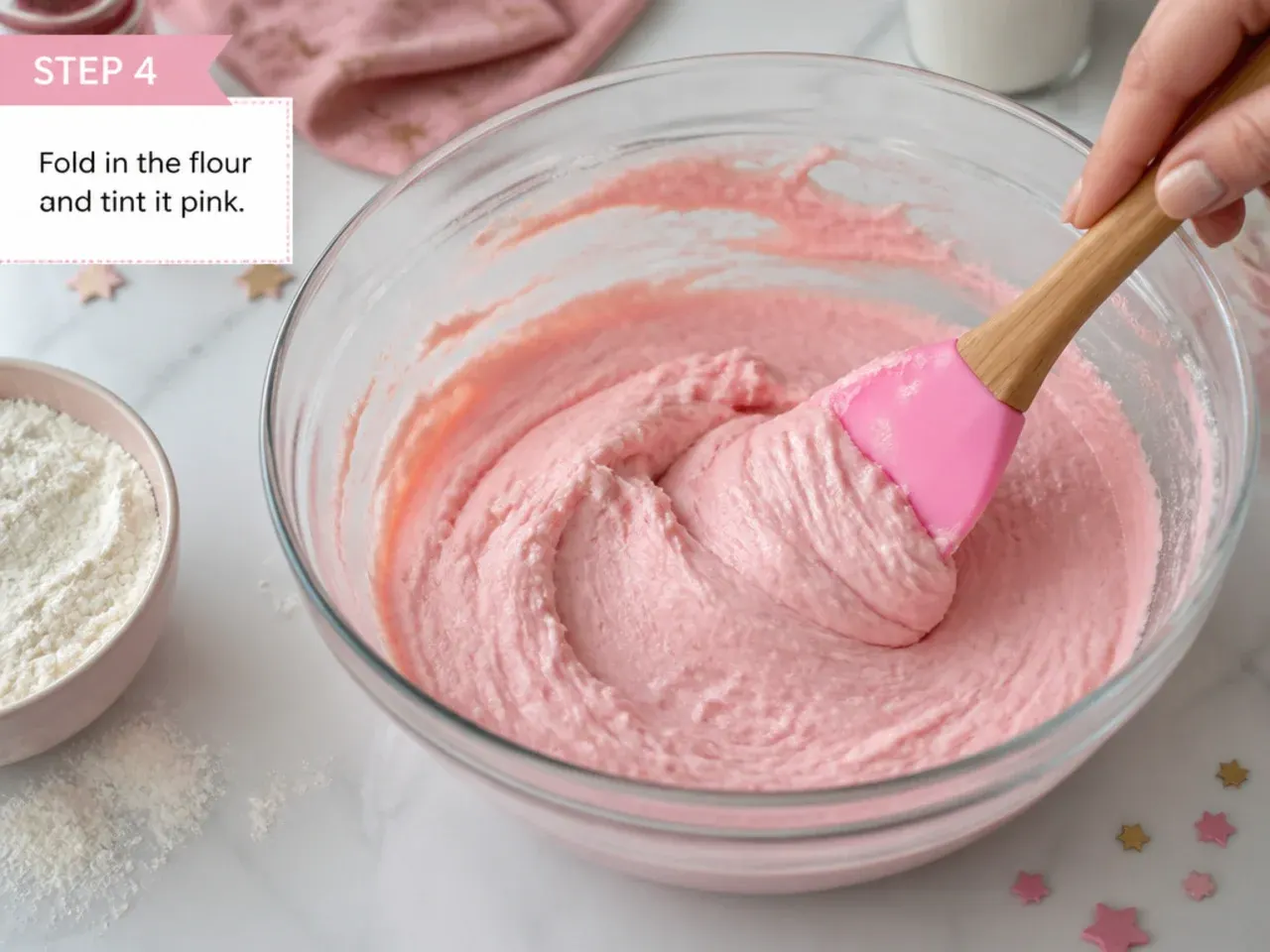 pink minnie mouse cake — step 4: fold in the flour and tint it pink
