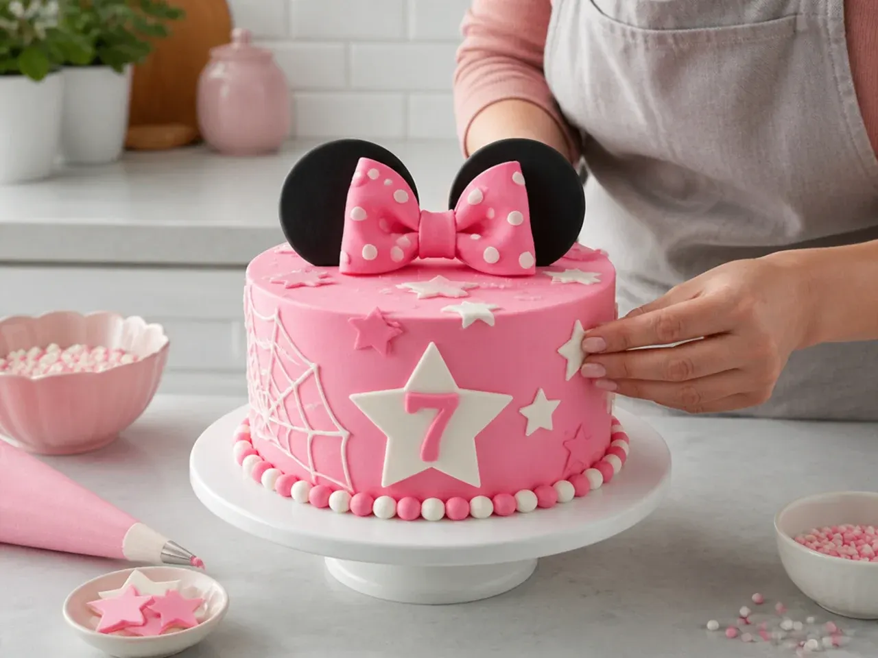pink minnie mouse cake — step 7: assemble and decorate
