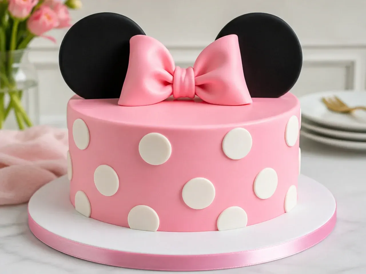 Classic pink Minnie Mouse cake with white polka dots, black fondant ears and an oversized pink bow
