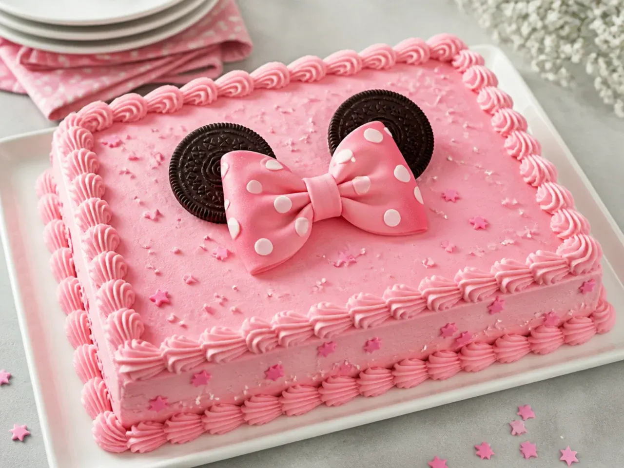 Easy pink Minnie Mouse sheet cake with Oreo cookie ears and swirled pink buttercream