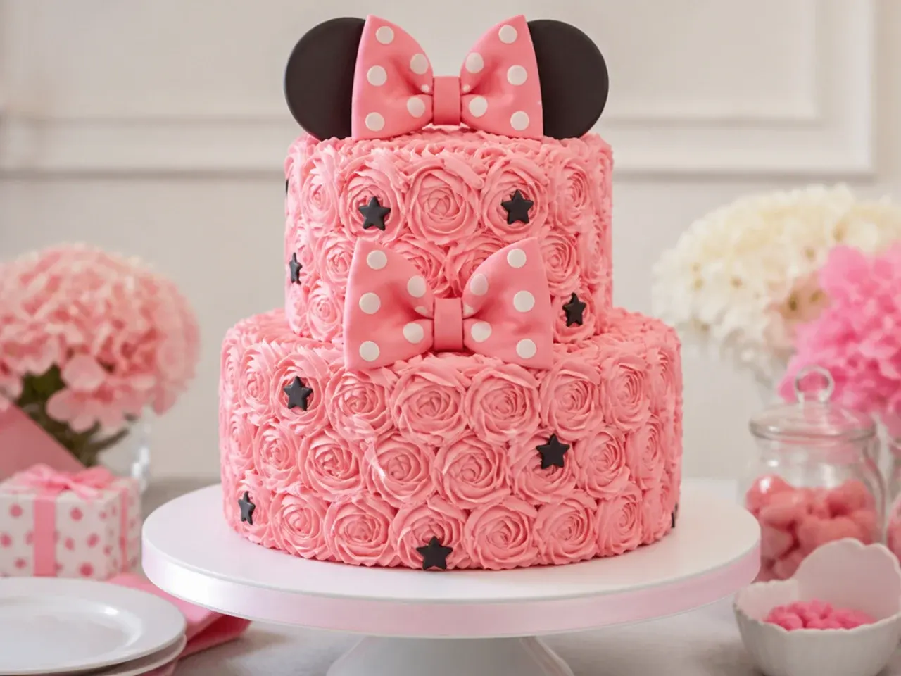 Elegant two-tier pink Minnie Mouse birthday cake covered in piped buttercream rosettes