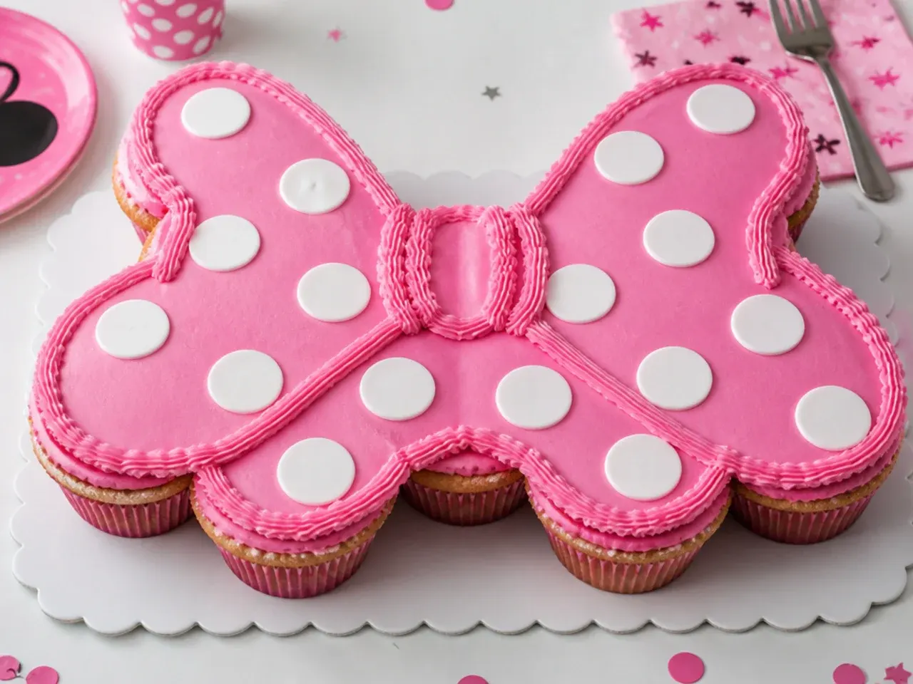 Playful pink Minnie Mouse pull-apart cupcake cake shaped like a giant polka dot bow
