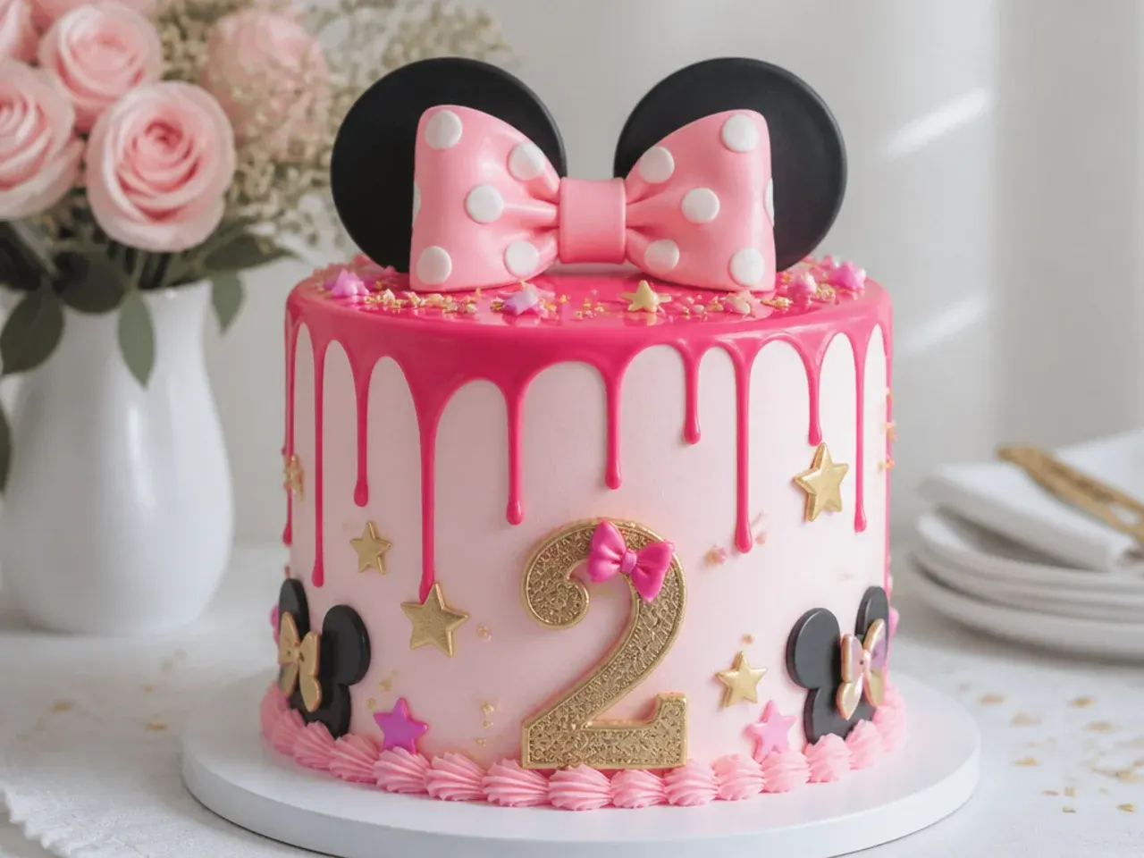 Modern pink Minnie Mouse drip cake with hot pink ganache drips and gold accents