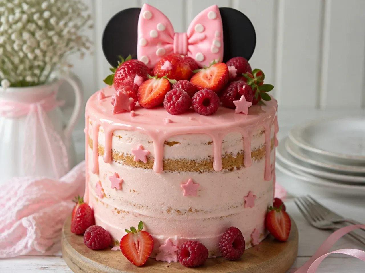 Rustic semi-naked pink Minnie Mouse cake topped with fresh strawberries and raspberries