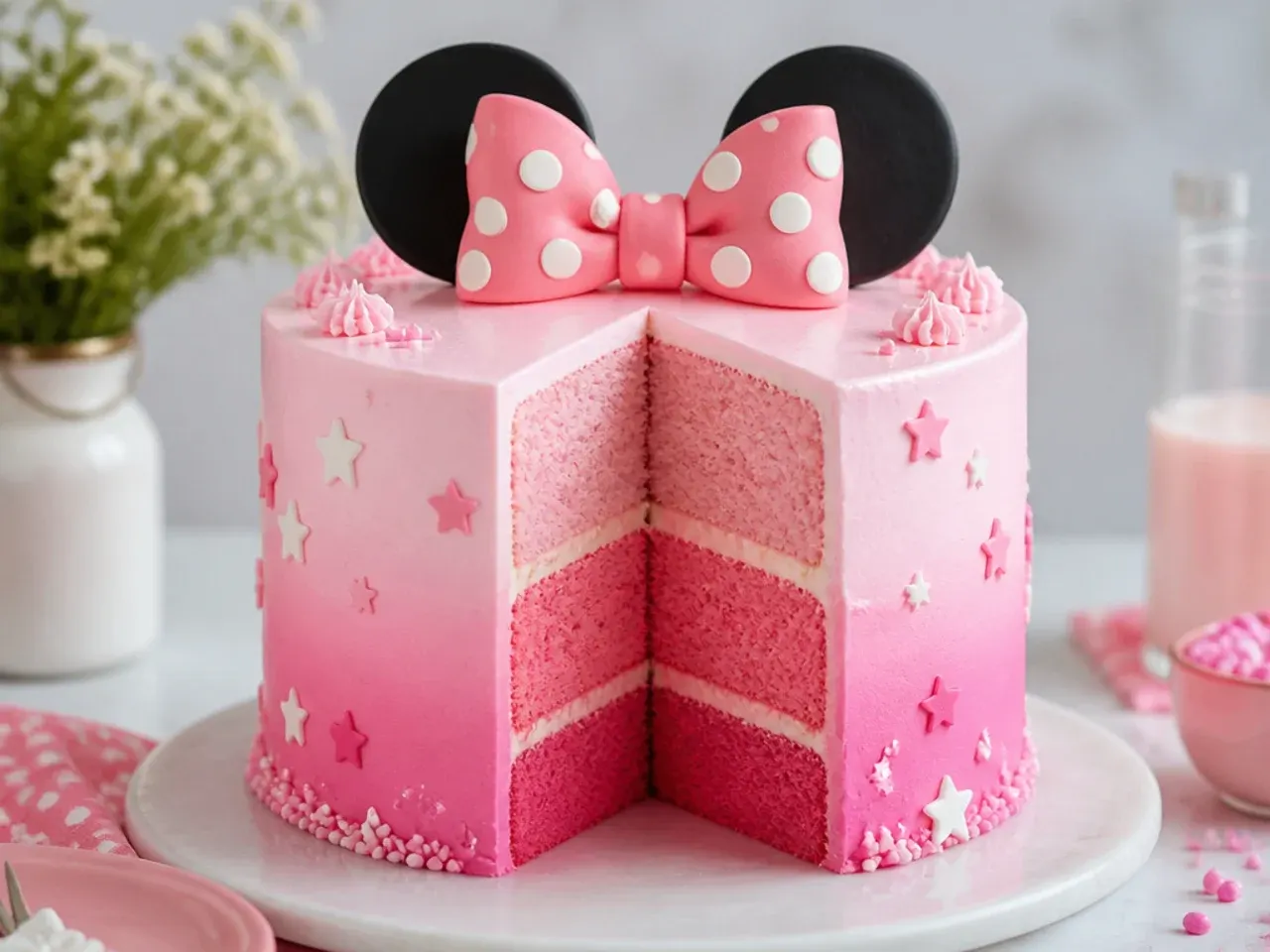 Pink ombre Minnie Mouse layer cake sliced open to show three graduated pink sponge layers