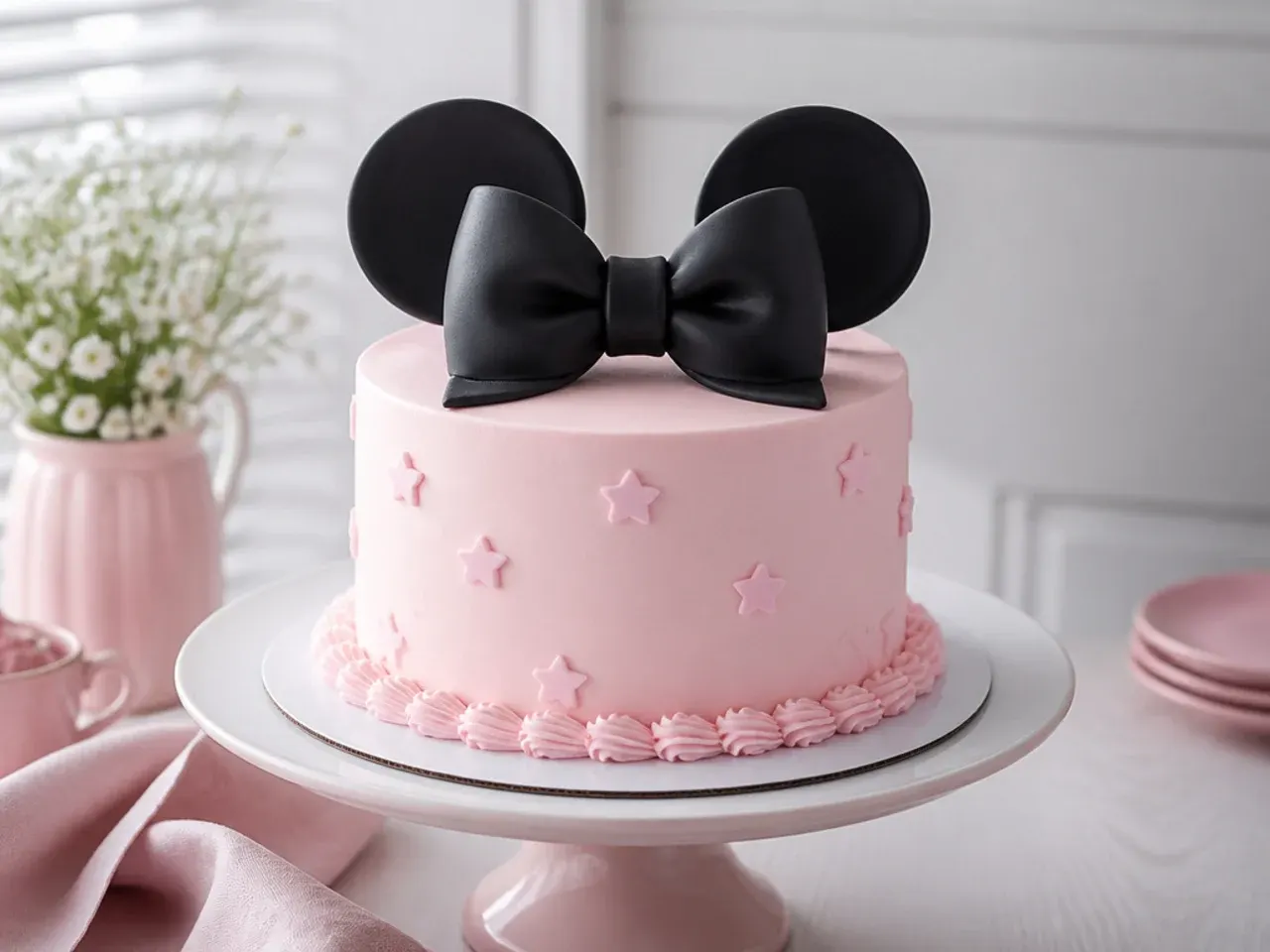 Minimal blush pink Minnie Mouse inspired cake with a single large black fondant bow