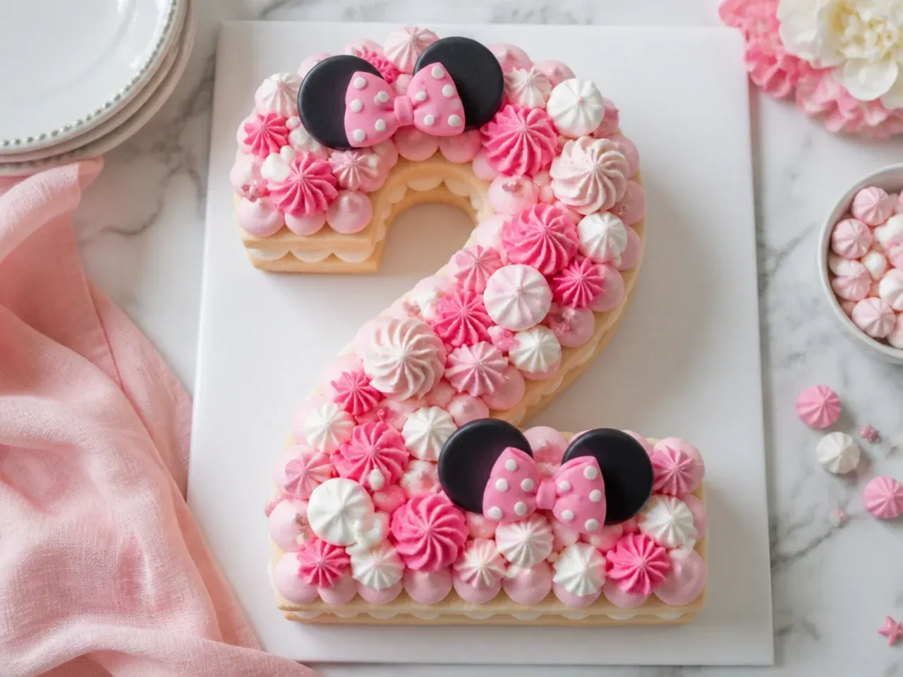 Festive pink Minnie Mouse number cake with piped buttercream dollops and meringue kisses